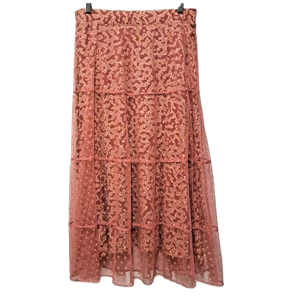 LOGO Lori Goldstein Tiered Midi Skirt Womens XS Pink Sheer Mesh Pull On Lined